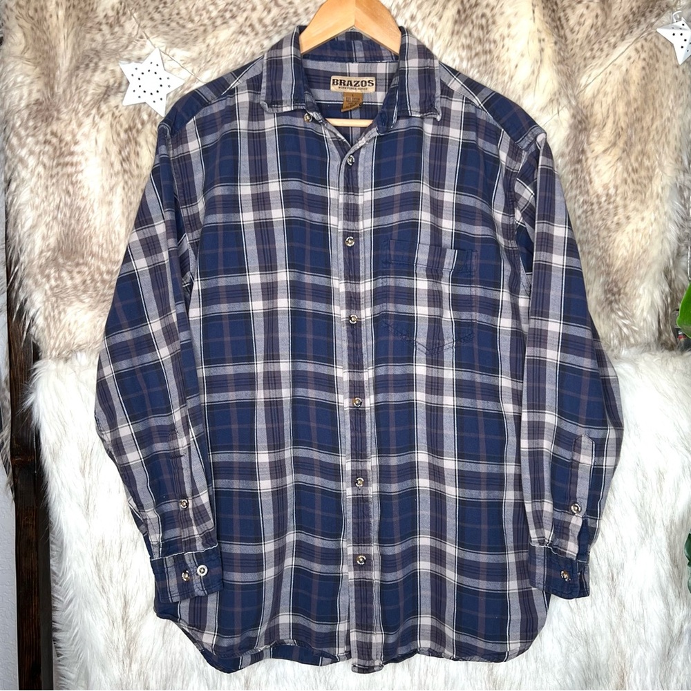 Vintage Brazos Blue Plaid Long Sleeve Button Down Shirt